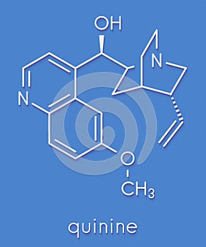 Quinine malaria drug molecule. Isolated from cinchona tree bark. Skeletal formula.