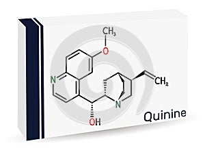 Quinine molecule. It is natural alkaloid derived from the bark of the cinchona tree. Skeletal chemical formula. Paper packaging