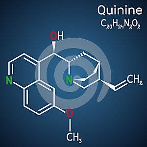 Quinine molecule. It is natural alkaloid derived from the bark of the cinchona tree. Structural chemical formula on the dark blue