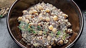 Quinoa with chickpeas. Super food, Food recipe background. Close up