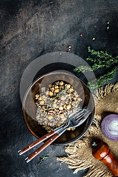 Quinoa with chickpeas. Super food, Food recipe background. Close up. vertical image, place for text