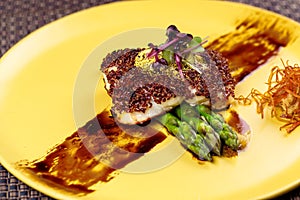 Quinoa crusted fish on asparagus on yellow plate.