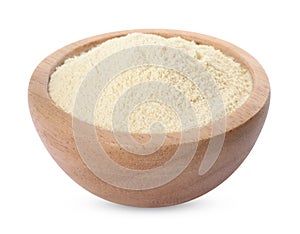 Quinoa flour in wooden bowl isolated on white