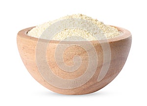 Quinoa flour in wooden bowl isolated on white