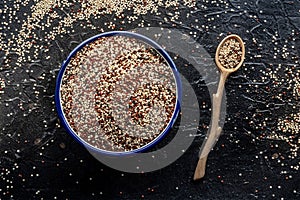 Quinoa mix. Mixed white, red and black quinoa seeds in a bowl