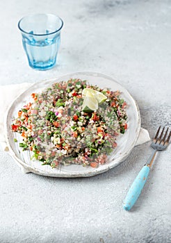 Quinoa Quinua salad with tomatoes and herbs in white bowl photo