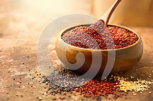 Quinoa. Red, black and white quinoa grains in a wooden bowl. Chenopodium quinoa