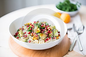 quinoa and roasted brussels sprouts bowl with pomegranate seeds