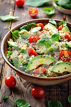 Quinoa salad with tomatoes and avocado in a bowl.. Generated AI