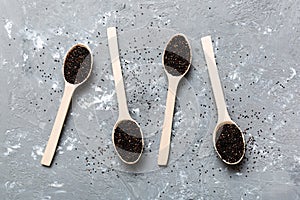 quinoa seeds in bowl and spoon on colored background. Healthy kinwa in small bowl. Healthy superfood