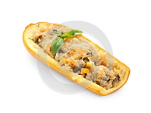 Quinoa stuffed zucchini boat on white background