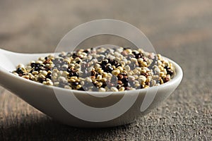 Quinoa in white spoon on wood