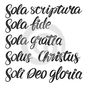 Quinque sola, five foundations of Protestant theology, reformation, Calligraphy lettering text symbol of Christianity