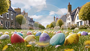 Easter eggs populate an typical English garden ready for egg hunt