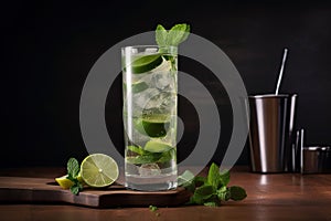 quintessential mojito with mint, lime and ice in tall glass