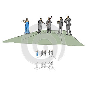Quintet musicians playing music on stage vector illustration sketch doodle hand drawn with black lines isolated on white photo