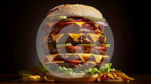 Quintuple Hamburger with cheese, lettuce, sauce, tomato, bacon and cucumber on a black background