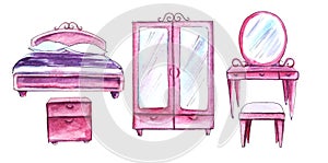 Quintuplet.Puppet pink bedroom furniture. Bed, wardrobe, dressing table, bedside table ottoman