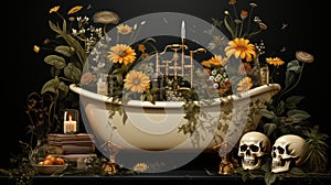In a quirky and amusing vector graphic design, a skeleton indulges in a bath within a claw bathtub. Ceated with Generative AI photo