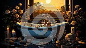 In a quirky and amusing vector graphic design, a skeleton indulges in a bath within a claw bathtub. Ceated with Generative AI photo