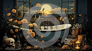In a quirky and amusing vector graphic design, a skeleton indulges in a bath within a claw bathtub. Ceated with Generative AI photo