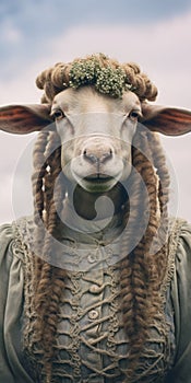 Quirky Analog Portrait Of A Sheep With Twisted Dreadlocks And Victorian-era Clothing