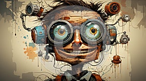 Quirky Caricature Of An Industrial Man With Funny Robot Face
