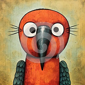 Quirky Caricatures: An Orange Bird With A Blue Eye In Surreal Figurative Art