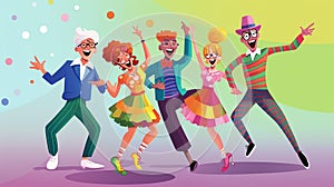 Quirky Cartoon Characters Dance Party in Retro Living Room