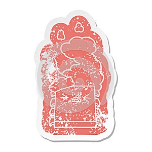 quirky cartoon distressed sticker of a overheating computer chip wearing santa hat