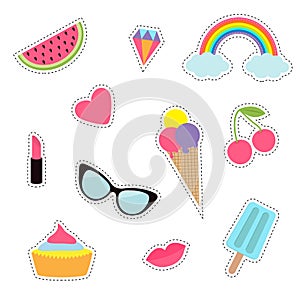 Quirky cartoon sticker patch badge set. Fashion pin collection. Lipstick, heart, rainbow, cloud, cupcake, diamond, ice cream