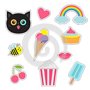 Quirky cartoon sticker patch badges set. Fashion pin collection. Cat, heart, rainbow, cloud, cupcake, bee, ice cream, popcorn