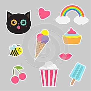 Quirky cartoon sticker patch set. Summer time badges. Fashion pin collection.