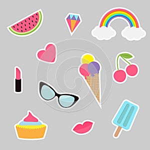 Quirky cartoon sticker patch set. Summer time badges. Fashion pin collection. Lipstick, heart, rainbow, cloud, cupcake, diamond