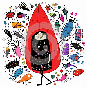 Quirky Character Design: A Playful Girl Among Colorful Insects