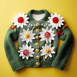 Quirky Charm: A Playfully Conceptual Green Sweater With Floral Accents