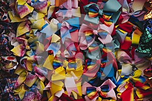 Quirky colorful bowties hanging from a wall at a market.