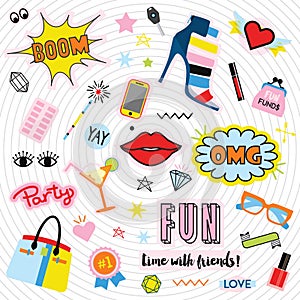 Quirky colorful feminine labels and stickers icons set