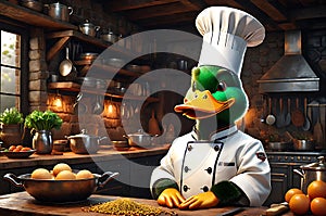 Quirky Culinary Maestro: Duck Adorned in Tailored Chef Uniform, Poised in Rustic Kitchen Ambiance, Crafting Culinary Delights