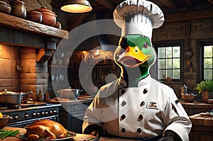 Quirky Culinary Maestro: Duck Adorned in Tailored Chef Uniform, Poised in Rustic Kitchen Ambiance, Crafting Culinary Delights
