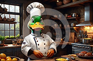 Quirky Culinary Maestro: Duck Adorned in Tailored Chef Uniform, Poised in Rustic Kitchen Ambiance, Crafting Culinary Delights photo