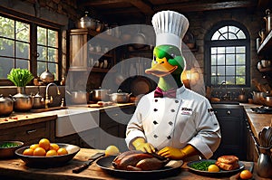 Quirky Culinary Maestro: Duck Adorned in Tailored Chef Uniform, Poised in Rustic Kitchen Ambiance, Crafting Culinary Delights photo