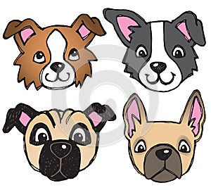 Quirky Dog Faces drawn in a scratchy style