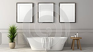 Quirky Elegance: Empty Grey Frames With Tub And Picture Frames