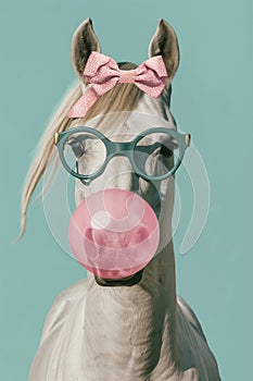 Quirky equestrian charm - a white horse with glasses blowing a pink bubble.