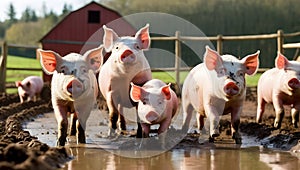 a quirky farm where mischievous happy pigs love in the mud