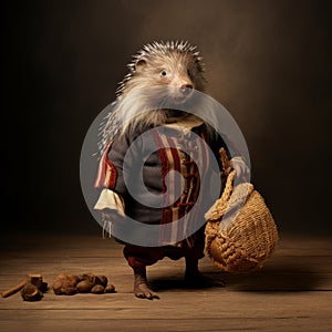 Quirky Hedgehog In Renaissance-style Costume With Nut Sack photo