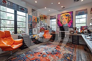 Quirky home office with colorful artwork and unconventional furniture