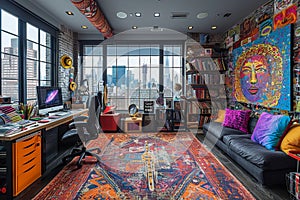 Quirky home office with colorful artwork and unconventional furniture