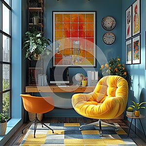 Quirky home office with colorful artwork and unconventional furniture3D render.